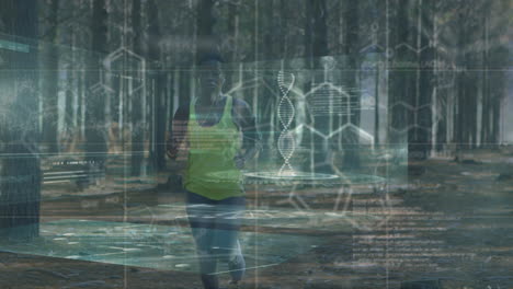animación de la hilera de adn girando y procesamiento de datos sobre una mujer afroamericana corriendo