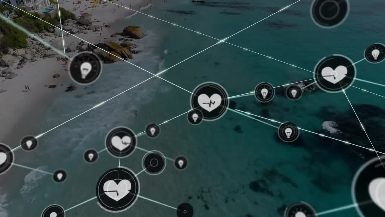 바다 전망 위의 아이콘과 연결 네트워크의 애니메이션