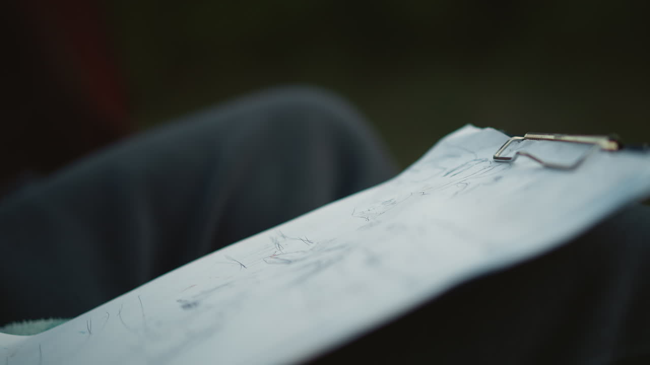 trail guide sketching map on clipboard, detailed route diagrams and waypoint marks, pen tracing course, clipboard clipped to knee, outdoor planning, focused leader preparing group navigation, soft