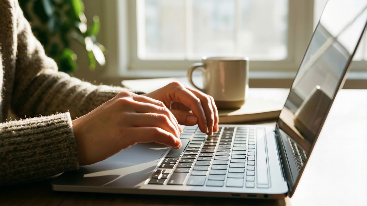 Primo piano delle mani di una persona che digitano su una tastiera di laptop su una scrivania di legno al chiuso