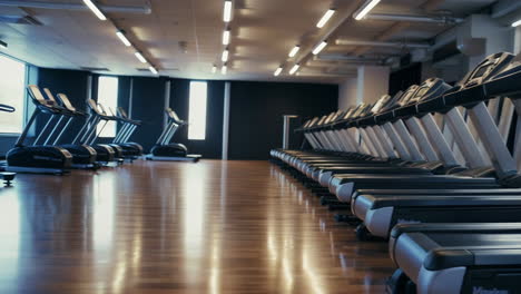 row of treadmills in a modern gym