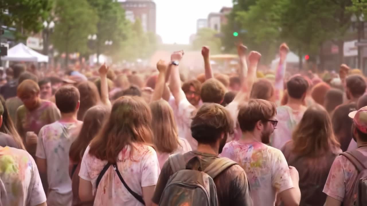 Participants of a vibrant festival walk through the streets, covered in bright colors and celebrating together. The mood is festive as everyone enjoys the lively atmosphere and music.