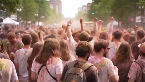 participants of a vibrant festival walk through the streets, covered in bright colors and celebrating together. the mood is festive as everyone enjoys the lively atmosphere and music.
