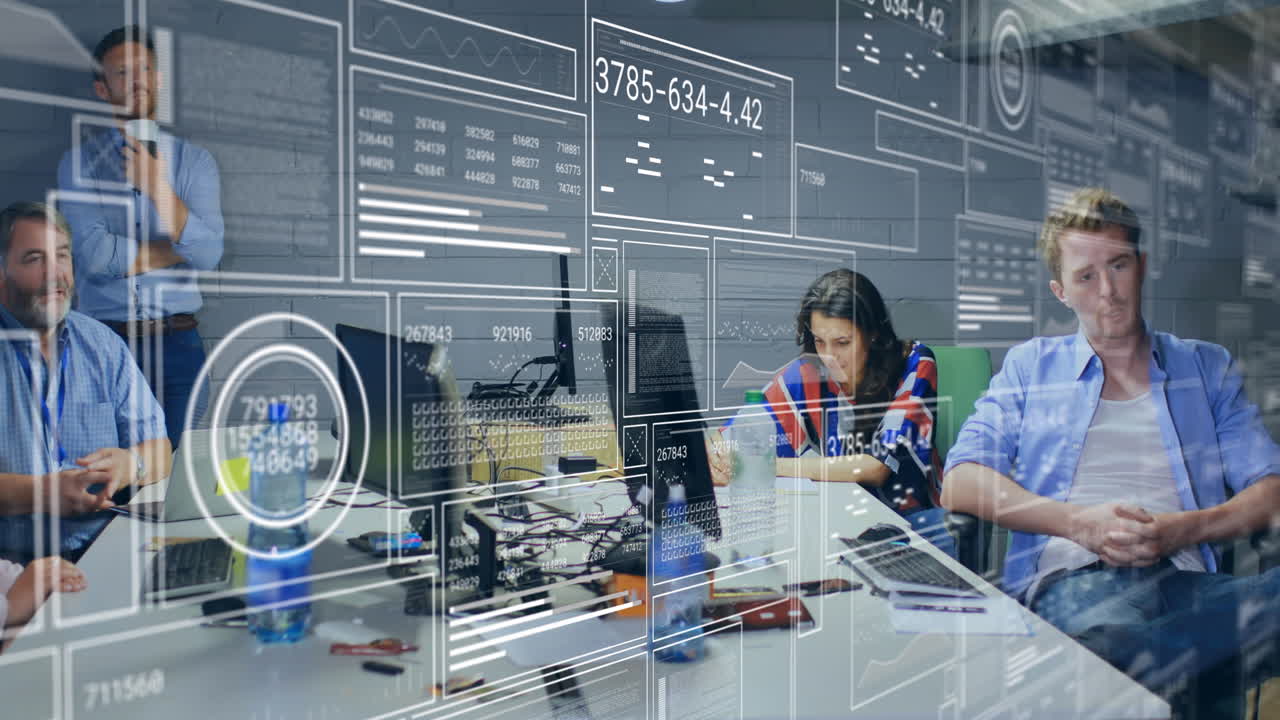 animación del procesamiento de datos estadísticos en un equipo de diversos colegas en una sala de reuniones en la oficina