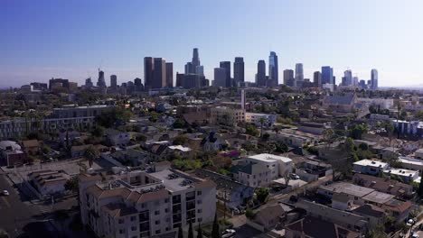 wide rising aerial shot of downtown los angeles