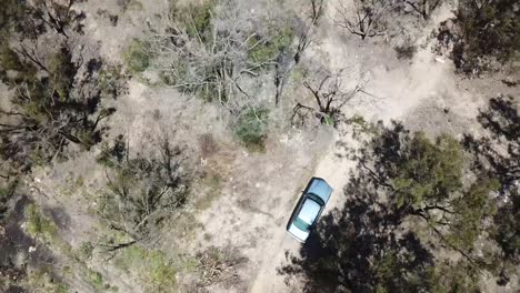 disparo de drones mirando hacia abajo en un coche azul conduciendo por un camino de tierra a través de los árboles