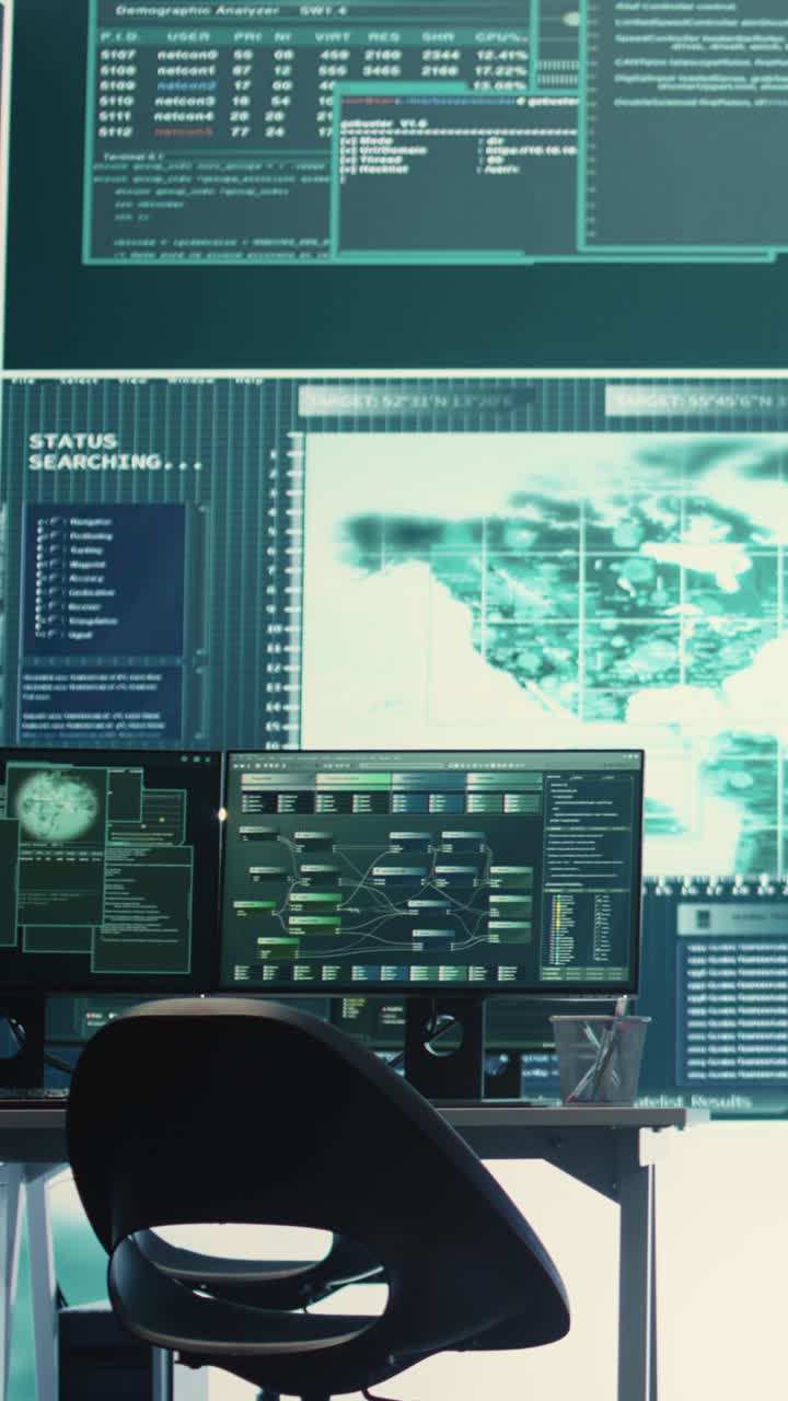 Schermi multipli di computer che visualizzano dati, codice e mappe
