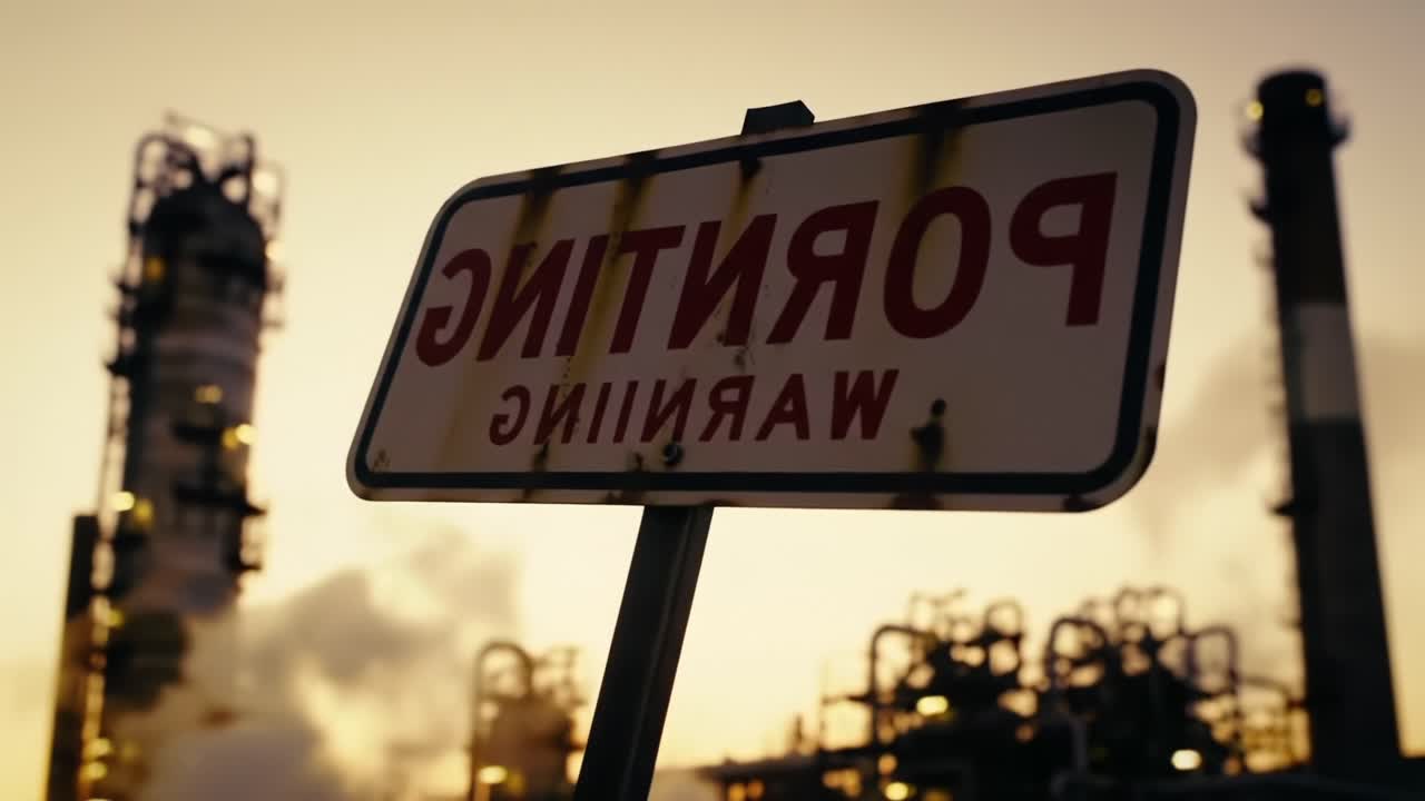 A Warning Sign Against the Backdrop of Industrial Structures at Dusk, Highlighting Safety Precautions in a Manufacturing Environment