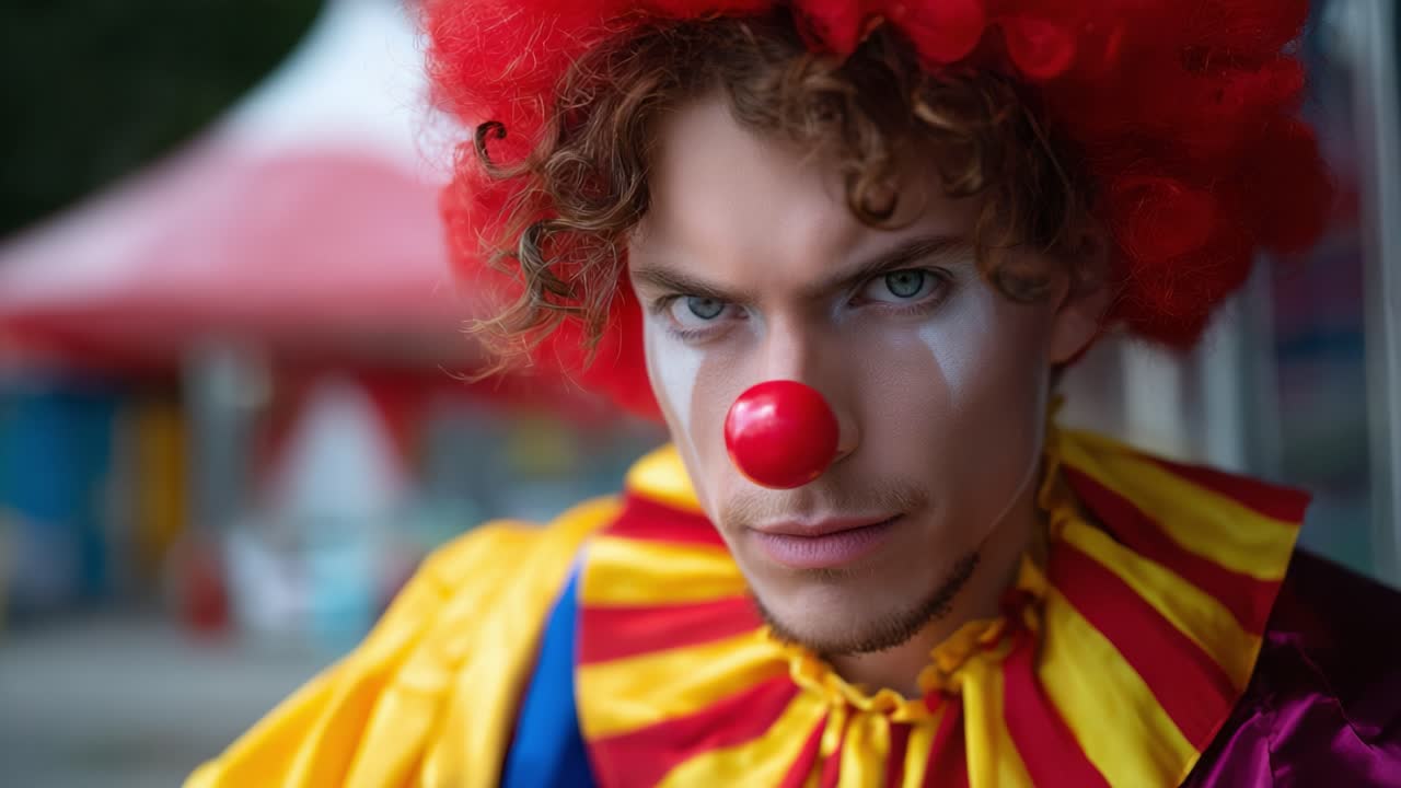 A captivating close-up of a clown with curly hair, a red nose, and colorful costume, showcasing a bold expression amidst an amusement park backdrop