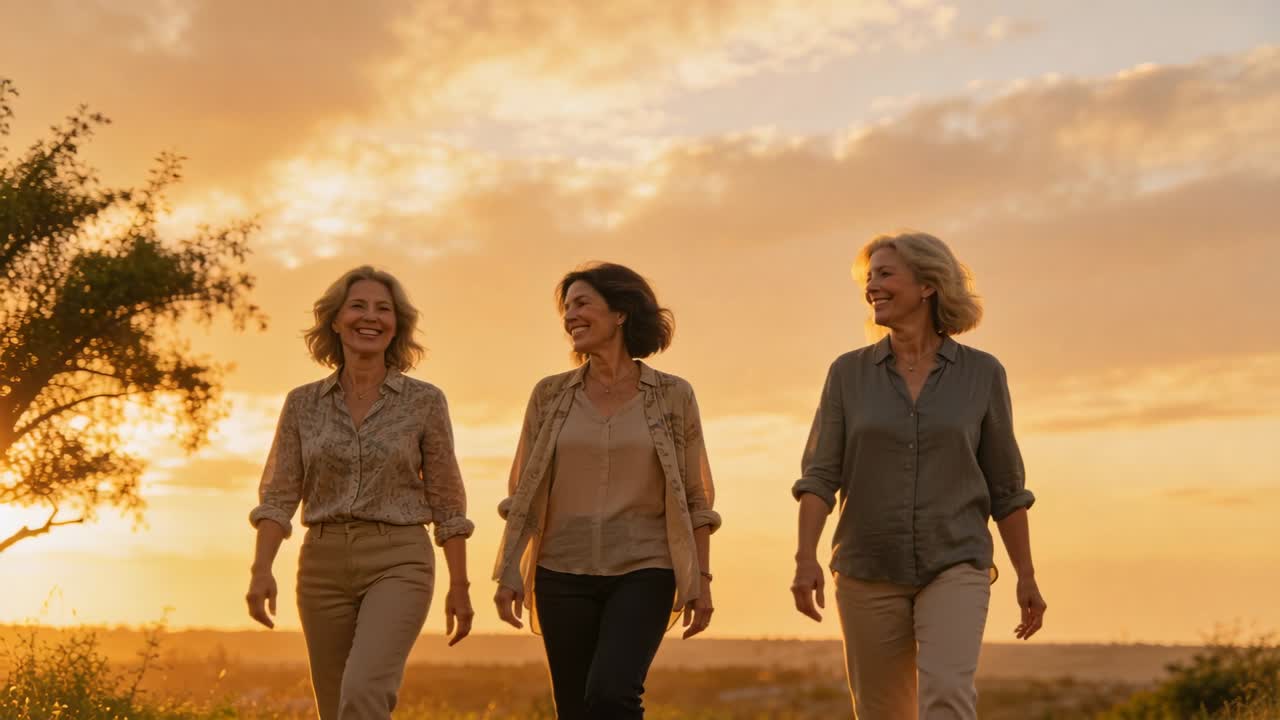 Três mulheres de meia-idade caminhando e conversando, pôr do sol desenhando sorrisos em campo gramado, árvore solitária à esquerda