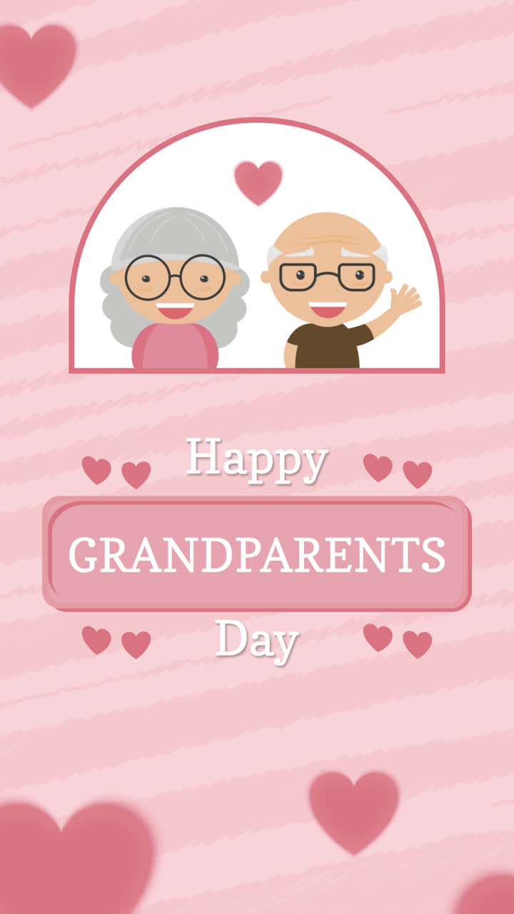 평평한 디자인으로 사랑에 빠진 할아버지와 할머니의 분홍색 배경의 모션 그래픽