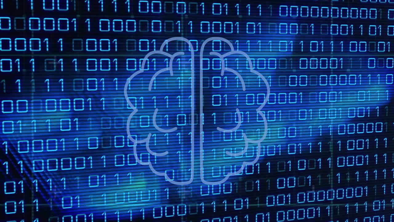 검은색 배경에 뇌 아이콘을 통해 데이터 처리의 애니메이션