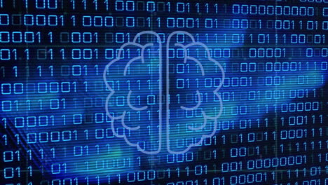 Animation of data processing over brain icon on black background