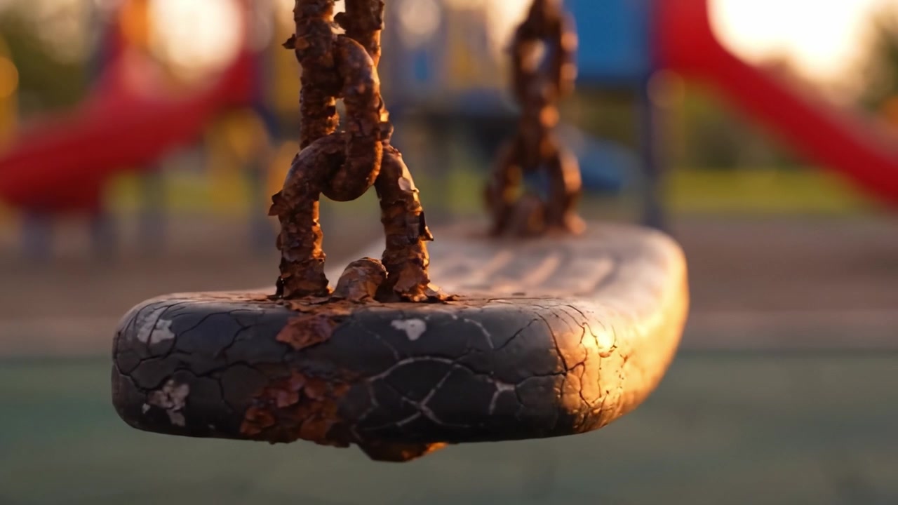 A Worn Swing: A Close-Up Reflection on Nostalgia and Childhood Memories at a Weathered Playground During a Golden Hour Sunset