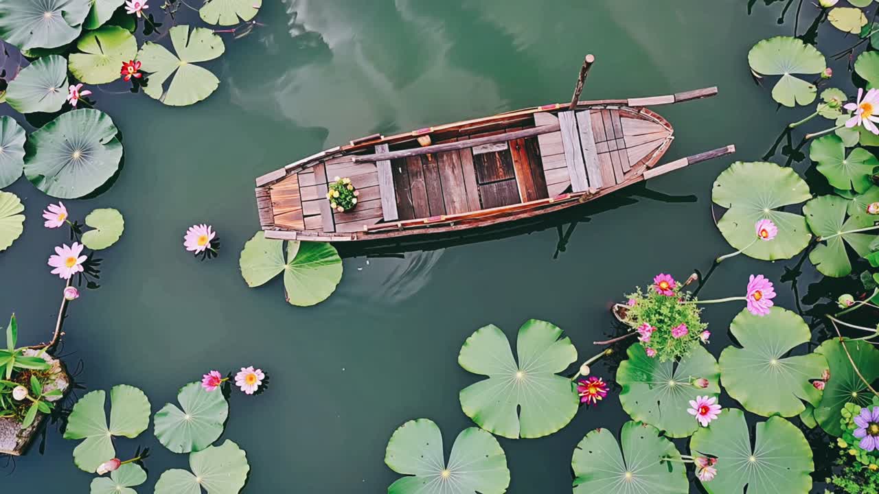 Barca di legno in uno stagno di fiori di loto