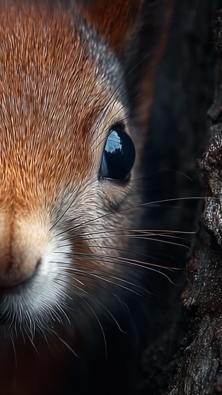 Un primo piano del volto di uno scoiattolo che mostra l'intricata texture della pelliccia e occhi espressivi, evidenziando i dettagli e la bellezza straordinari della natura nella fotografia naturalistica.