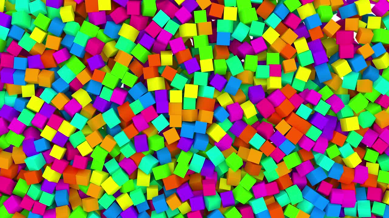 cubos de juguetes multicolores cayendo y llenar la pantalla de construcción de la pared arco iris. divertidos juguetes para niños animación 3d con máscara alfa. hermosas cajas abstractas de colores de fondo, transición, introducción.