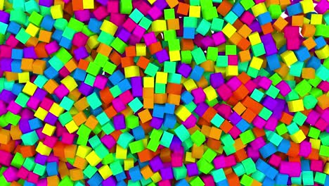 cubos de juguetes multicolores cayendo y llenar la pantalla de construcción de la pared arco iris. divertidos juguetes para niños animación 3d con máscara alfa. hermosas cajas abstractas de colores de fondo, transición, introducción.