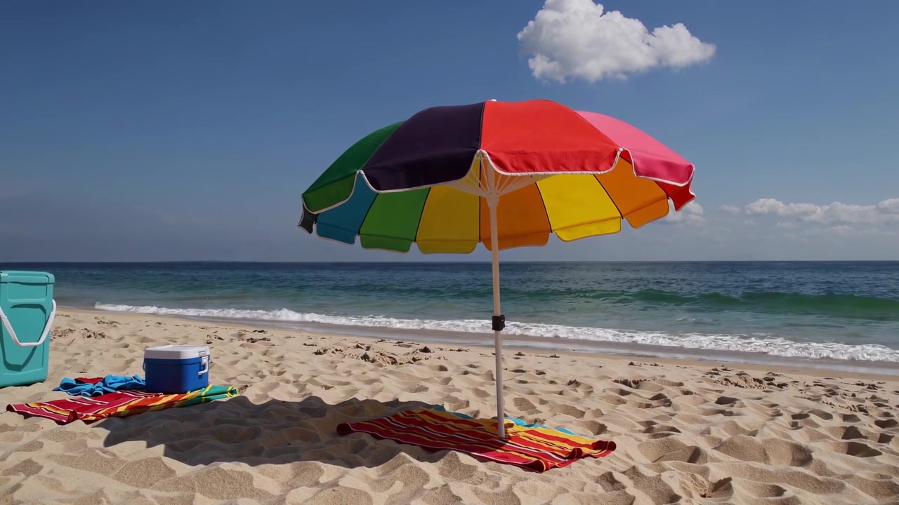 Ombrellone da spiaggia colorato su una spiaggia sabbiosa e soleggiata con onde marine