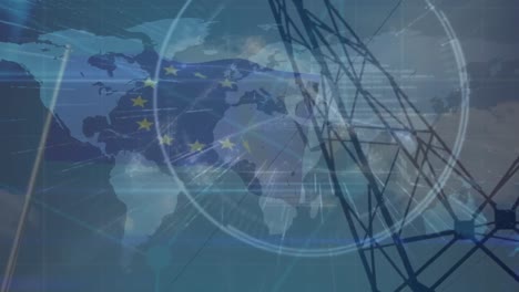 animación de datos financieros, mapa del mundo y bandera de la unión europea sobre el poste de electricidad al anochecer