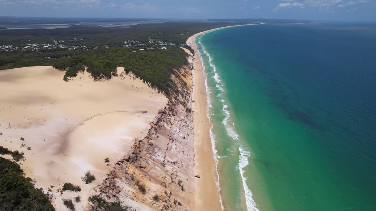 Sand Dunes With Turquoise Sea Water In Rainbow Beach, Queensland, Australia - Aerial Shot