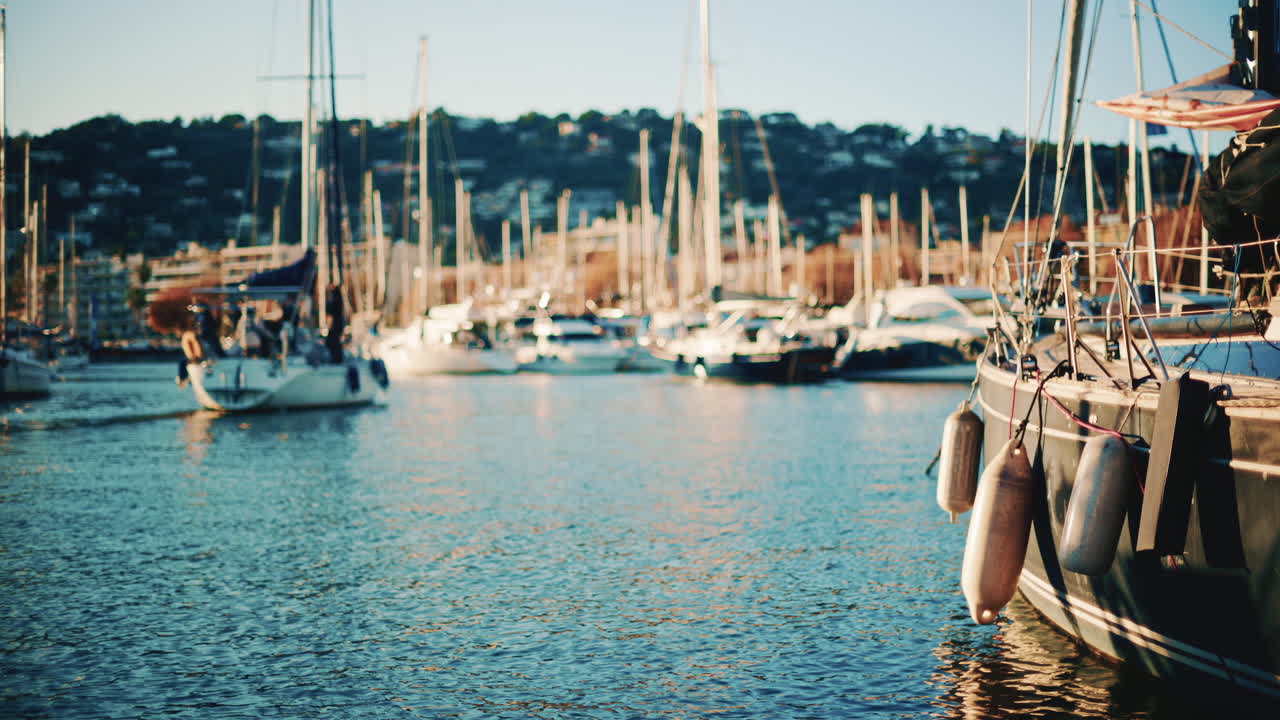 Yachts and sailing boats docked in a marina with sunlight reflecting on the water