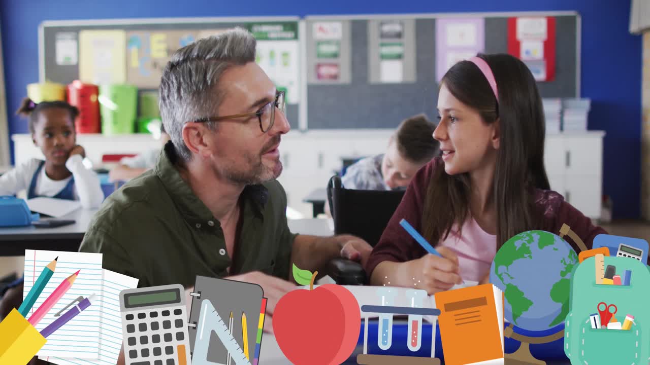 animación de iconos escolares sobre maestros varones y escolares en el aula