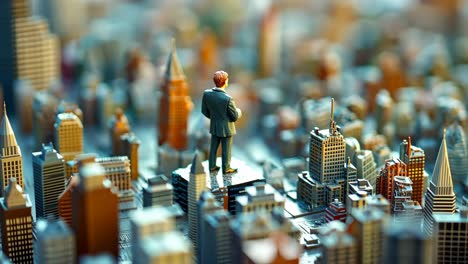 businessman surveying a miniature cityscape from a high vantage point