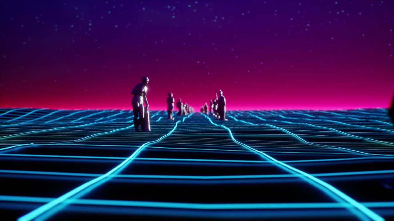 futurista retroonda vl bucle animación 3d. antiguas esculturas en el paisaje de neón