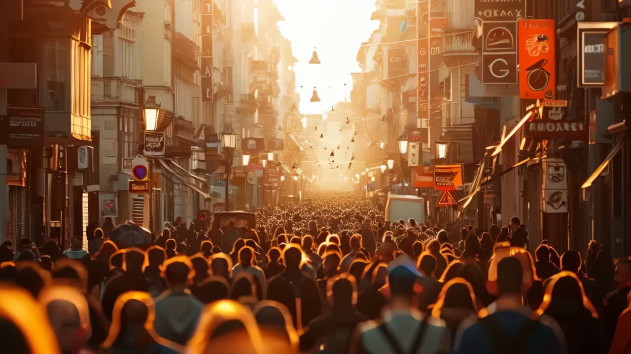 A busy city street with a large crowd of people walking down it