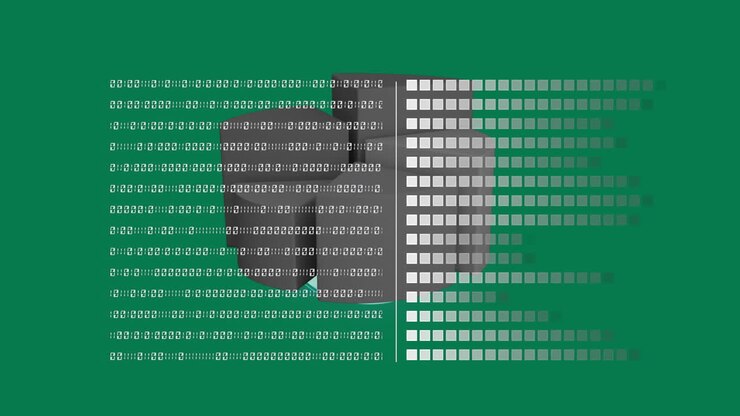 Animation von Binärcodes und Ladebalken über einem 3D-Kreisdiagramm auf grünem Hintergrund.