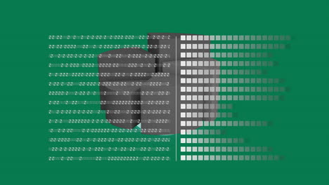 animación de códigos binarios y barras de carga sobre gráfico circular 3d sobre fondo verde