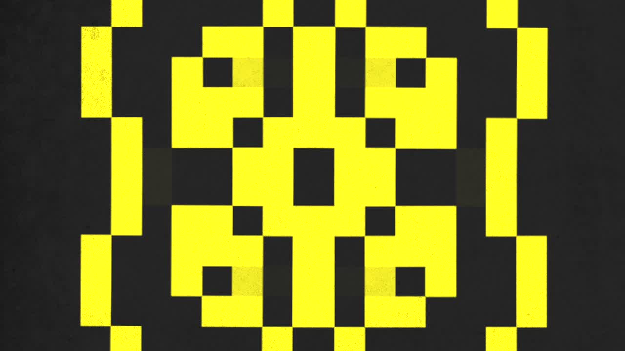 Bold pixelated yellow and black pattern on black background