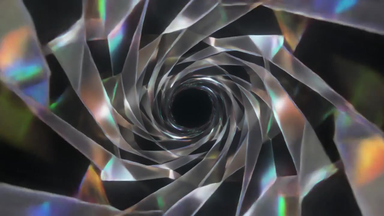Abstract Rotating Glass Tunnel with Prismatic Light Reflections