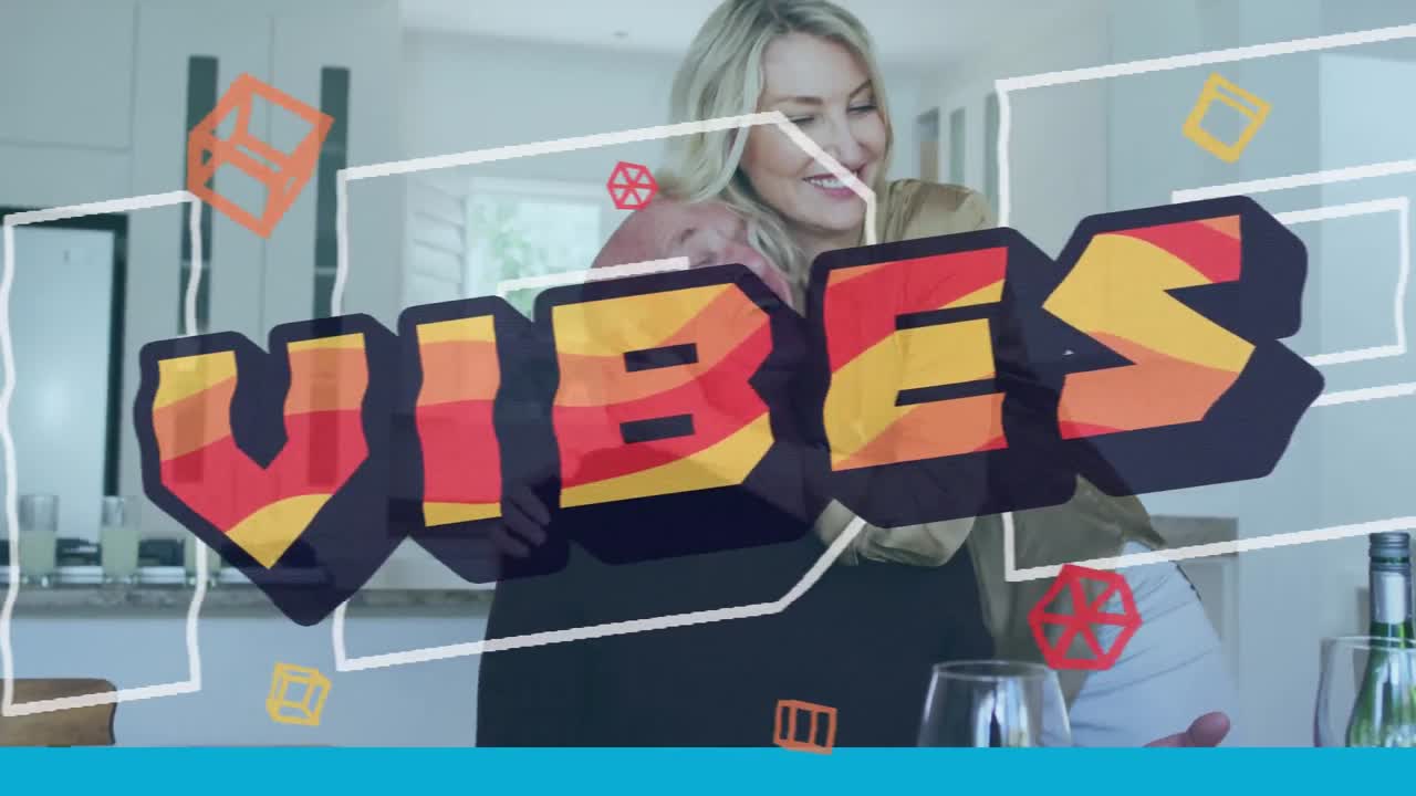 анимация текста вибраций с геометрическими фигурами над счастливой парой, обнимающейся дома