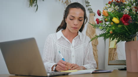 ceo mujer enfocada en escribir ideas de proyectos de trabajo notas de papel en el negocio de la tienda de flores.