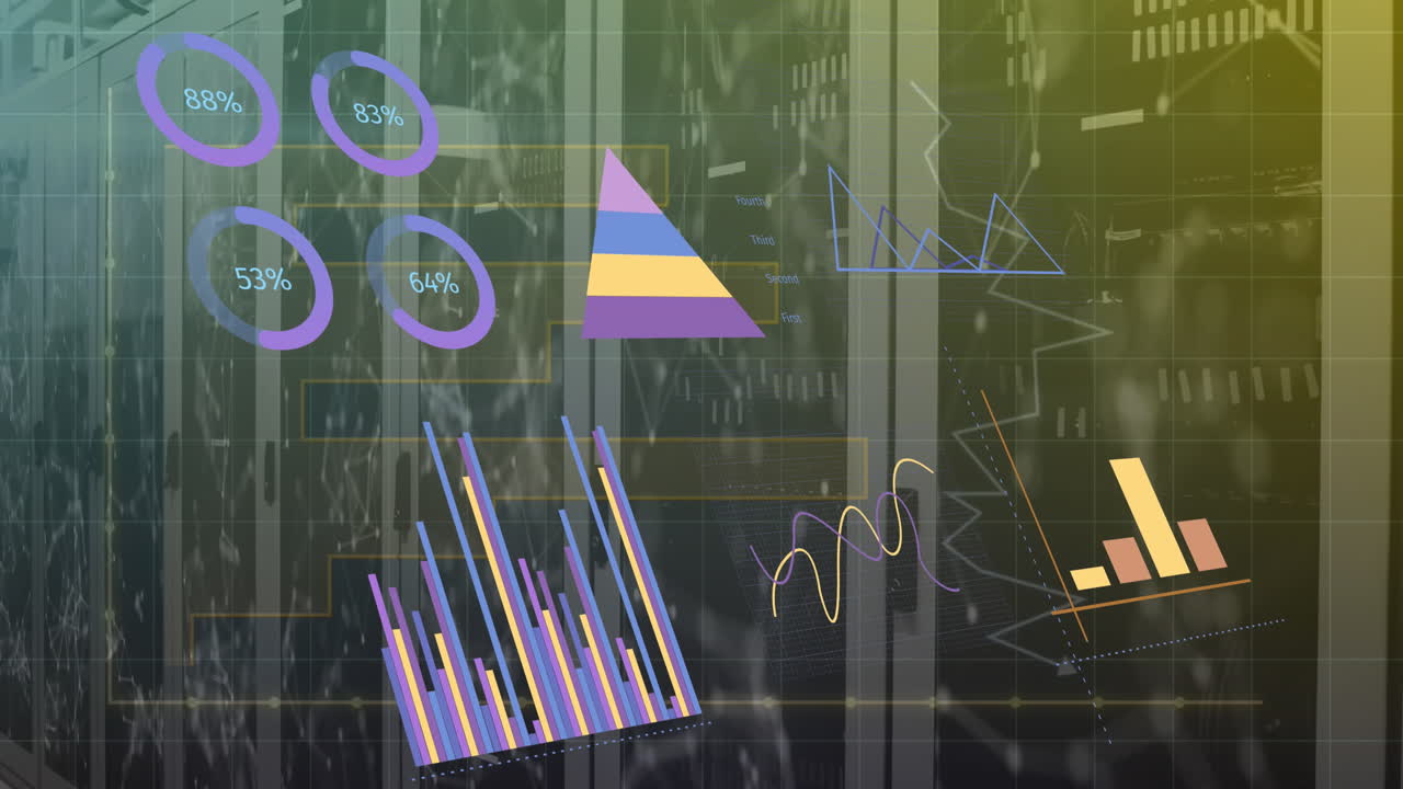 Animation of interface with statistical data processing and plexus networks against server room