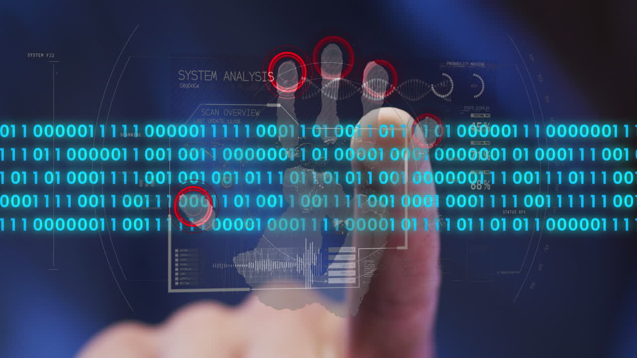 animación del procesamiento de datos con codificación binaria y lectura biométrica de la mano.