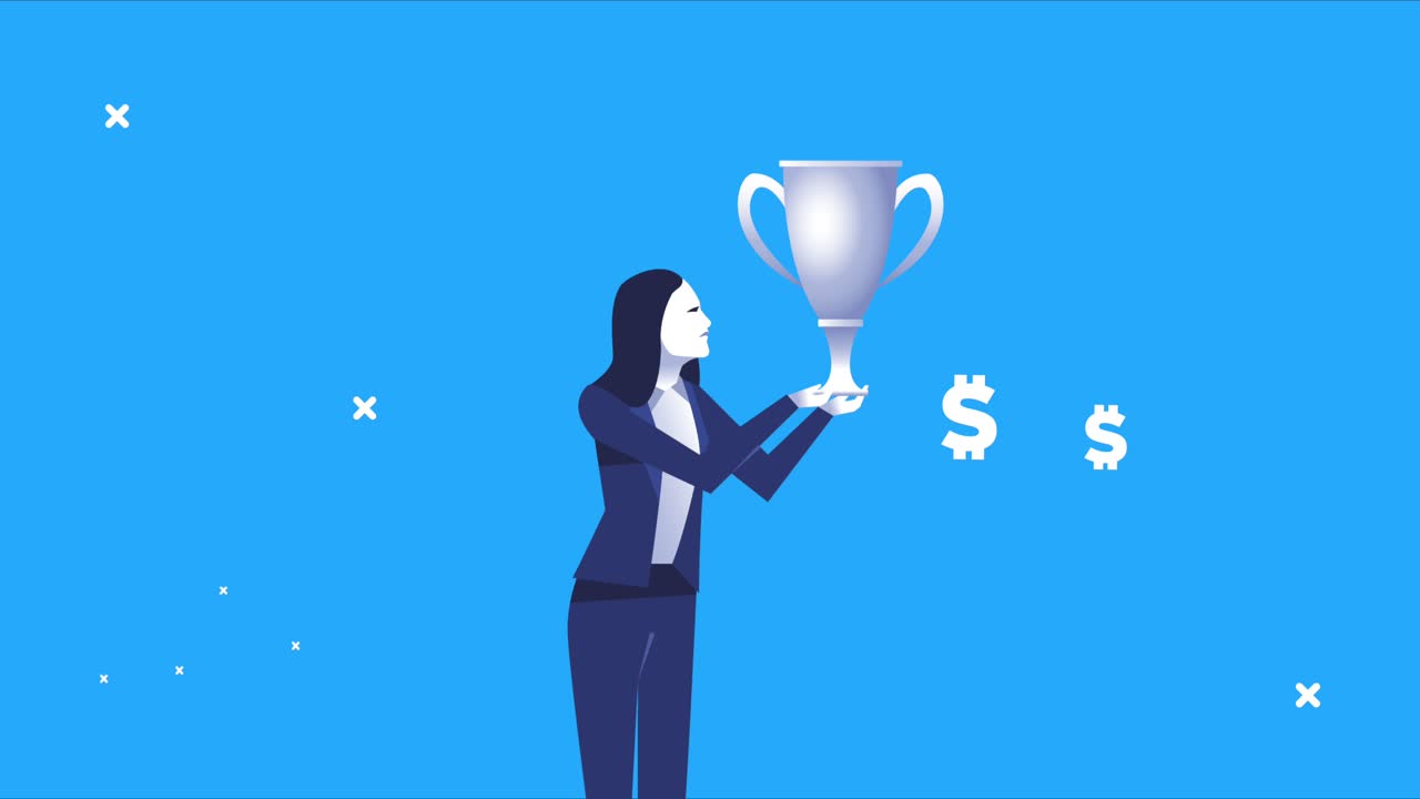 elegante mujer de negocios trabajadora levantando copa de trofeo con símbolos de dólares