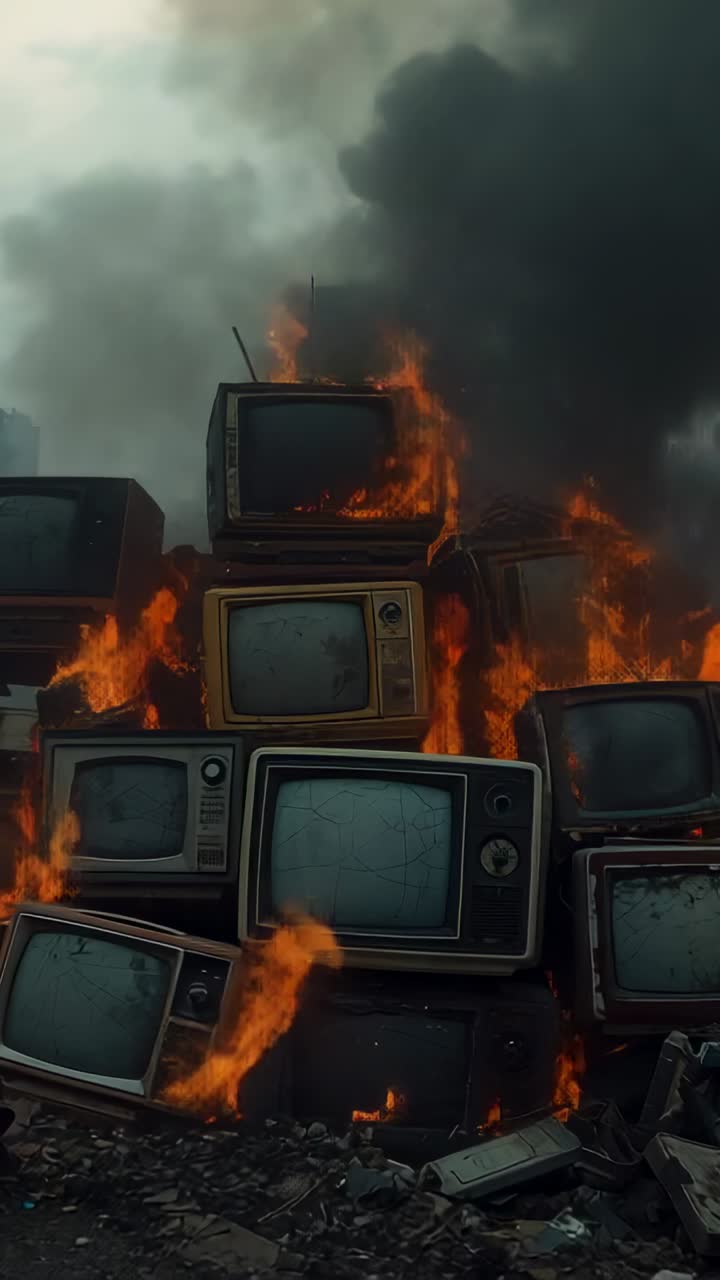 Vertical video: Igniting stacked CRT televisions in wasteland, flames licking base, sending smoke