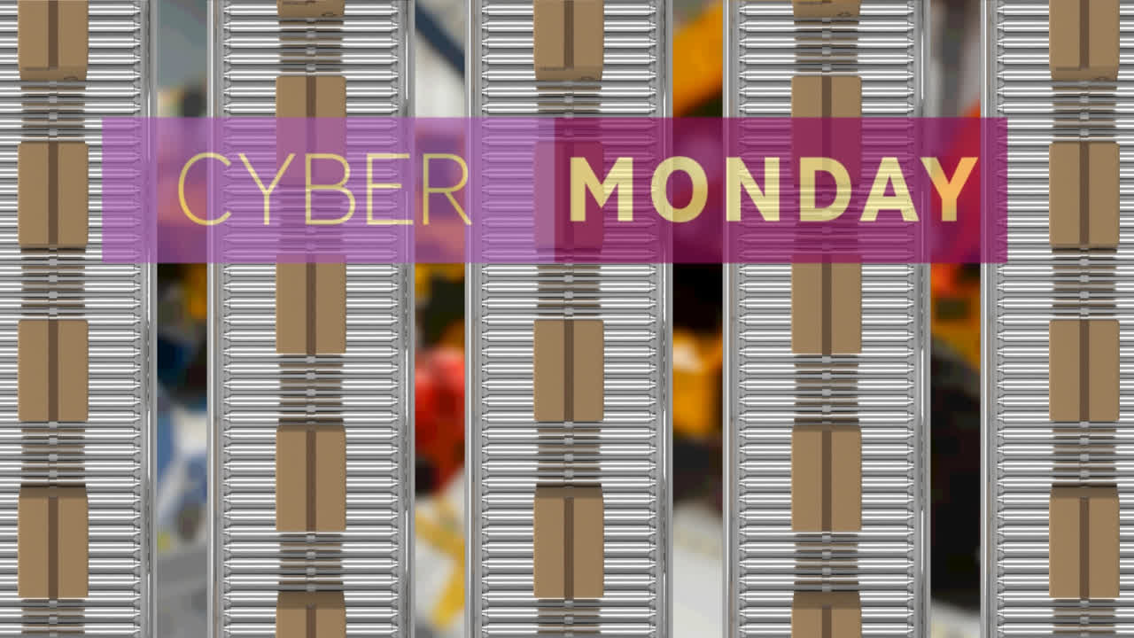 animación del texto de cyber monday sobre cajas de cartón en cintas transportadoras en el almacén