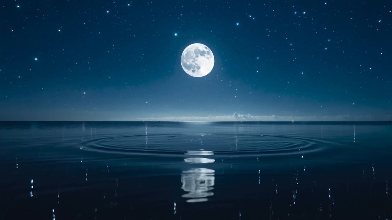 穏やかな海に同心円状の波紋を広げる中央の水しぶき。長く伸びる月の反射が、天文学的な情景を醸し出す。