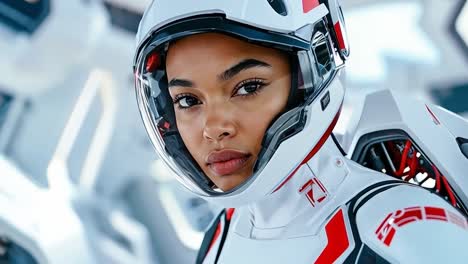 a woman in a white and red space suit with a helmet on