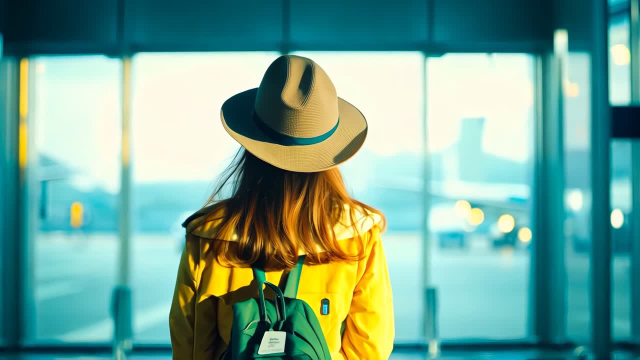 帽子をかぶった女性が空港に立っている。