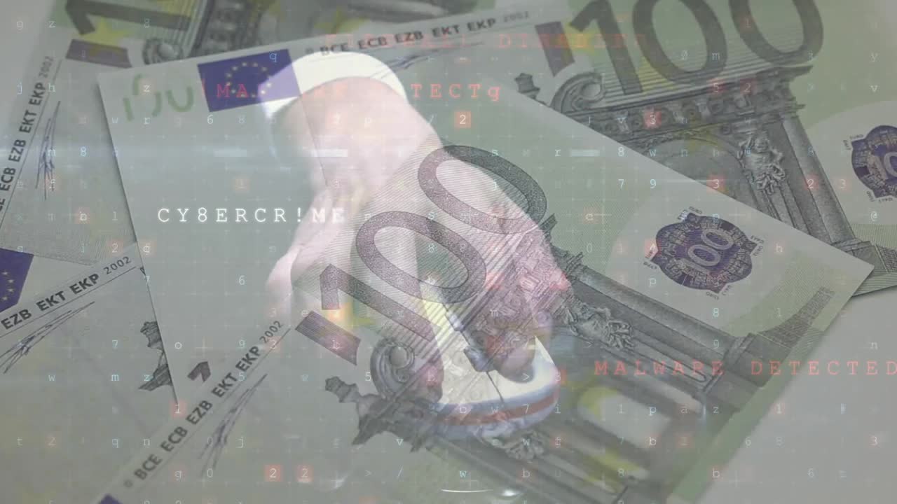 Animation de chiffres changeants et alerte de virus sur une main utilisant une souris et des billets en euros