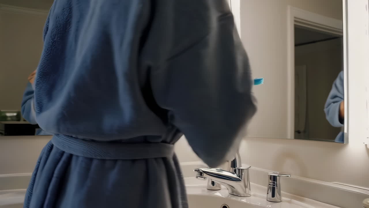 Woman in bathrobe getting ready in bathroom