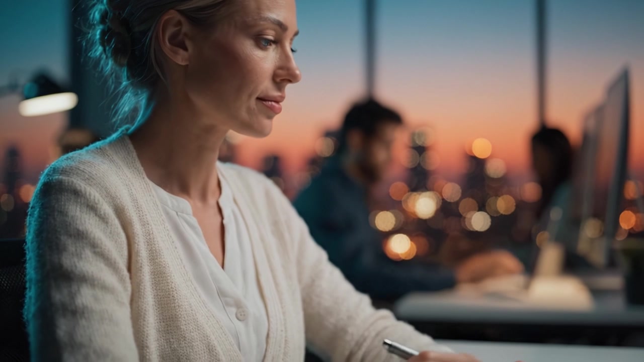 Focused Professional Woman Writing Notes with a Pen and Notepad in a Modern Office During Twilight Hours, Capturing a Productive Work Environment