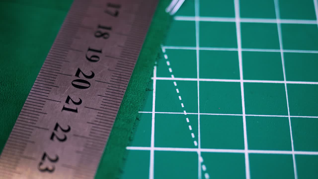 Un conciatore misura la pelle con un righello e la taglia usando le forbici. L'area di lavoro ha un tappetino da taglio verde dove la pelle viene accuratamente lavorata per un uso futuro.