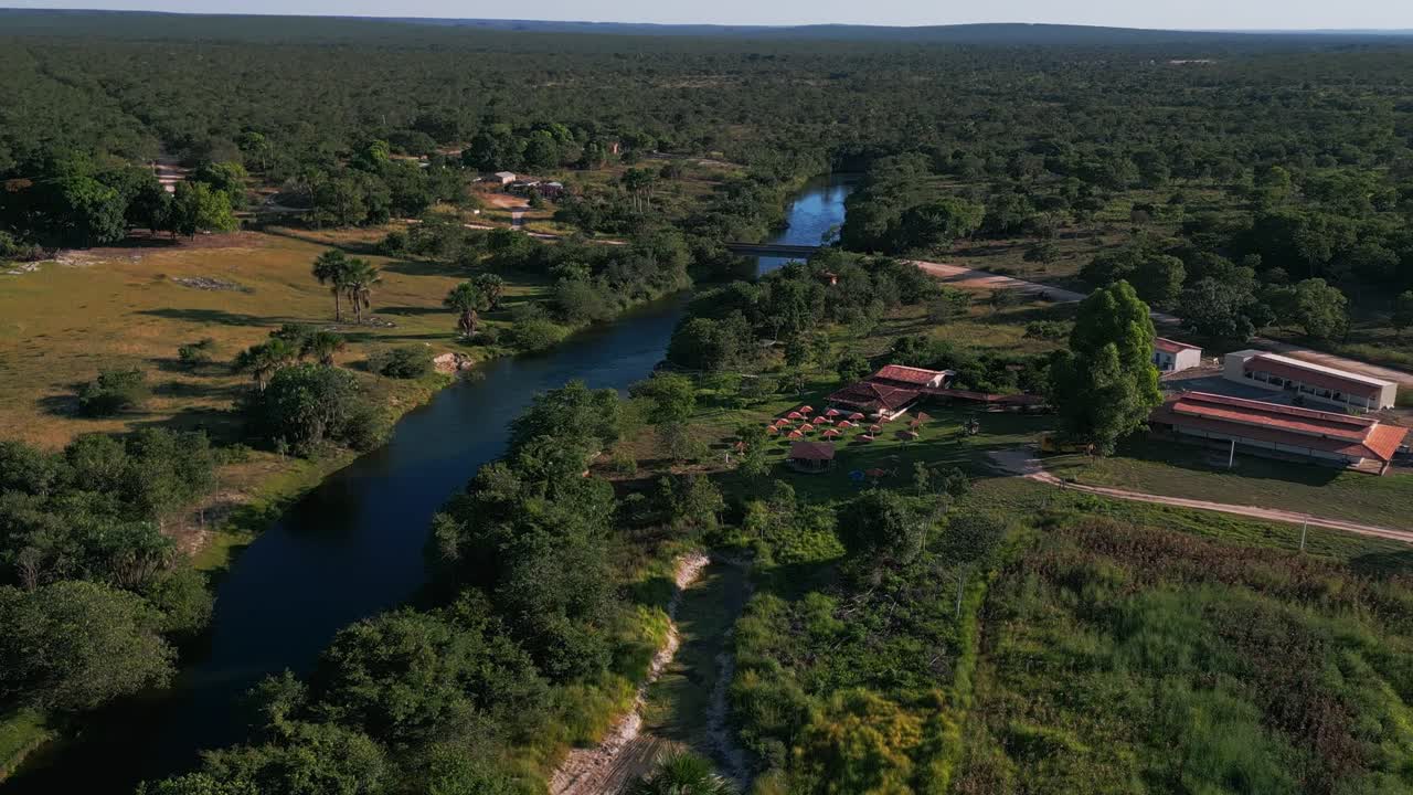Le sequenze aeree rivelano una transizione ecologica classica all'interno del bioma del Cerrado, dove la disponibilità di acqua determina un passaggio da fitti gruppi arborei a pianure arbustive aperte, Goias, Brasile