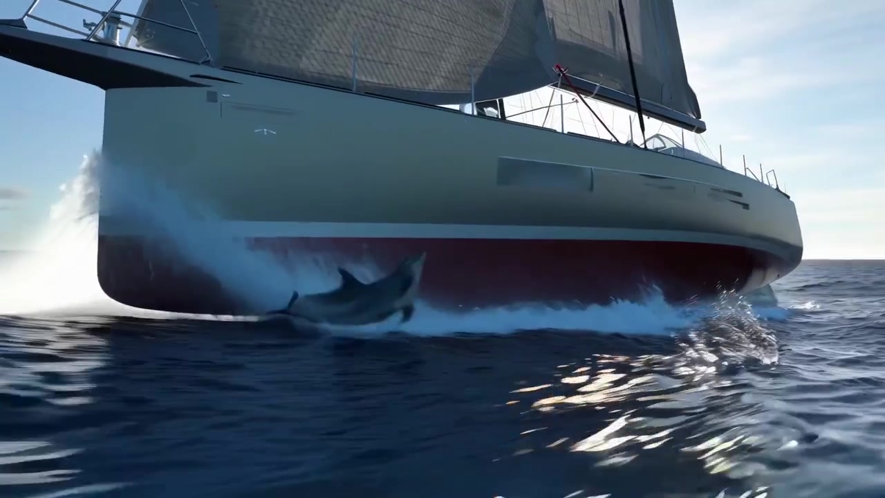 Delfino che nuota accanto a uno yacht a vela nell'oceano aperto